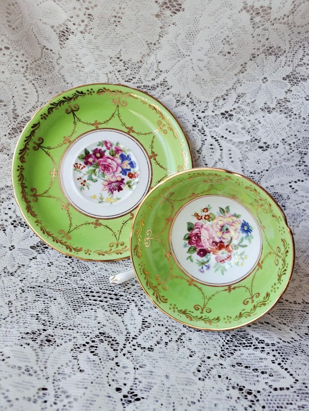 Vintage Grosvenor Jackson & Gosling Bone China Teacup Saucer Green Gold Floral